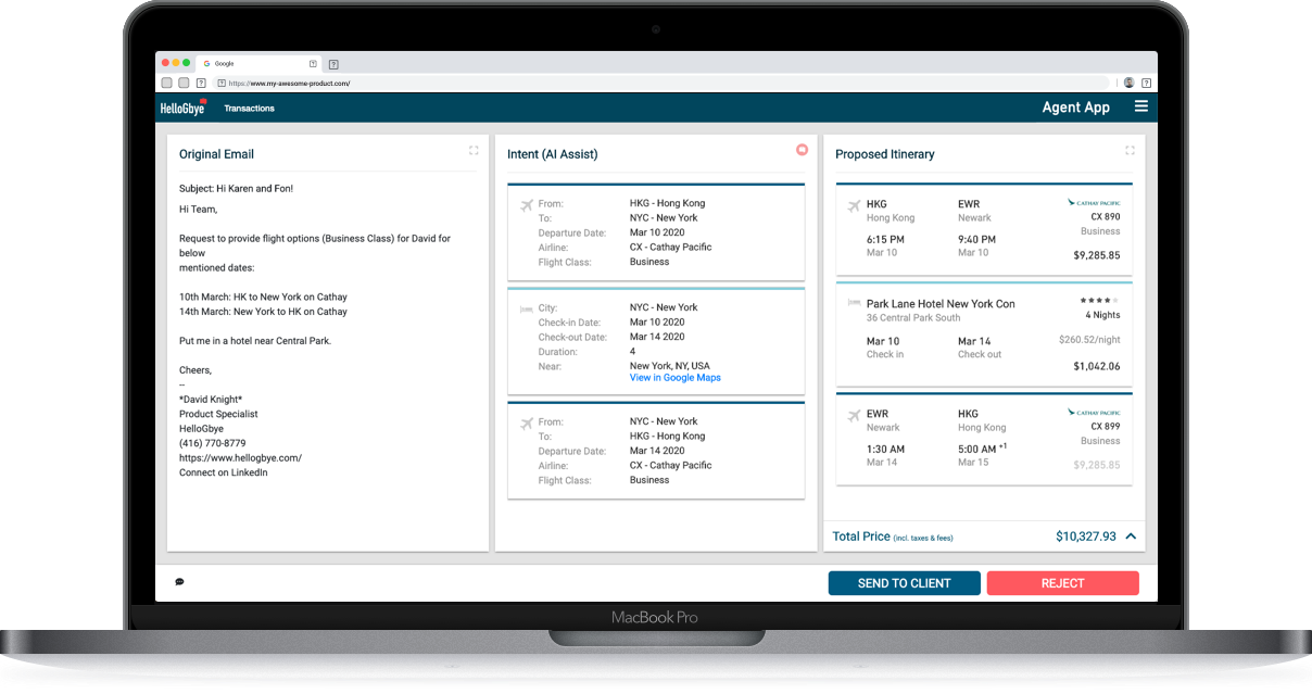 Laptop with a travel itinerary created from email using HelloGbye's AI Platform